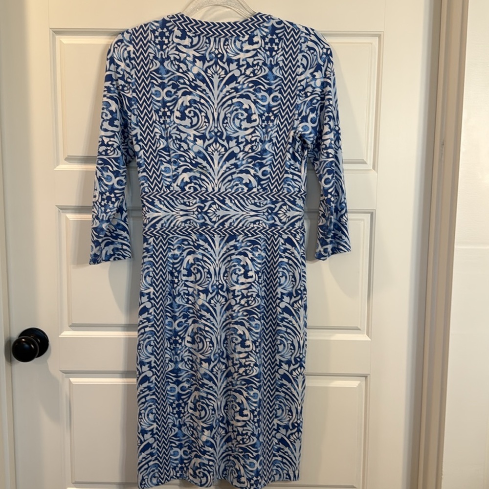 J. McLaughlin Lola Dress Catalina Cloth Blue White Chevron 3/4 Sleeves XS - Picture 5 of 7